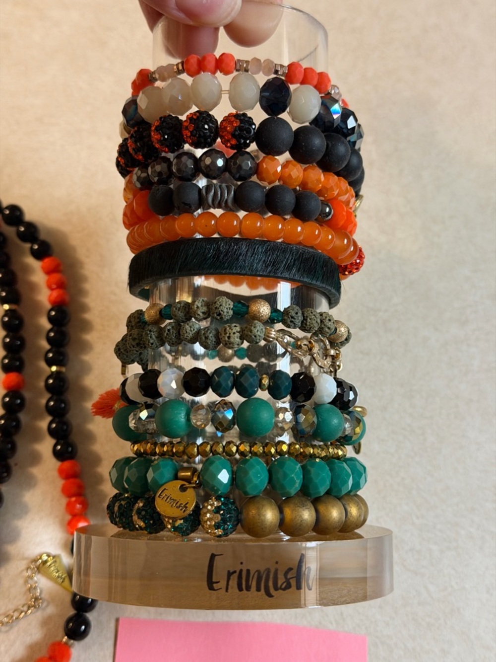 Erimish Orange, Black & Green 14 Bracelet Stack with Orange Teardrop Necklace - Picture 2 of 3